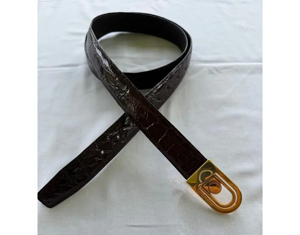 Vintage Genuine Crocodile Skin Belt Made in Italy 44/110 Brown / Gold Buckle